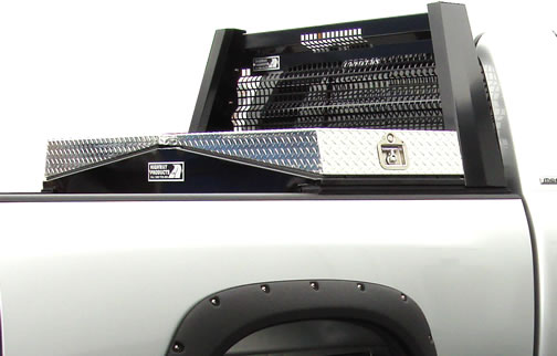 Black truck tool boxes with polished doors by Highway Products.
