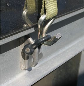 This picture shows a tie-down eye on one of Highway Products aluminum flatbeds. See more at highwayproducts.com